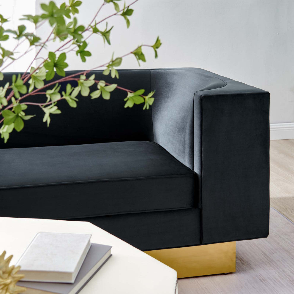 Sofa, Black, Velvet, Modern, Mid Century Living Hotel Lounge Cafe Lobby