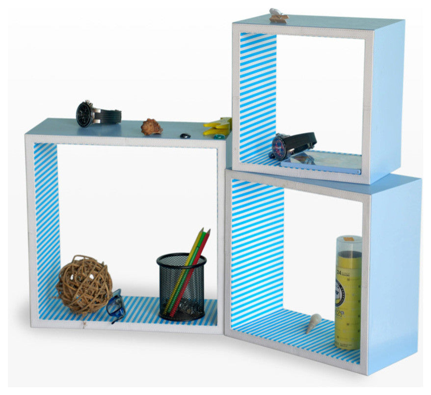 Powder Blue Square Leather Wall Shelf / Bookshelf / Floating Shelf (Set of 3)