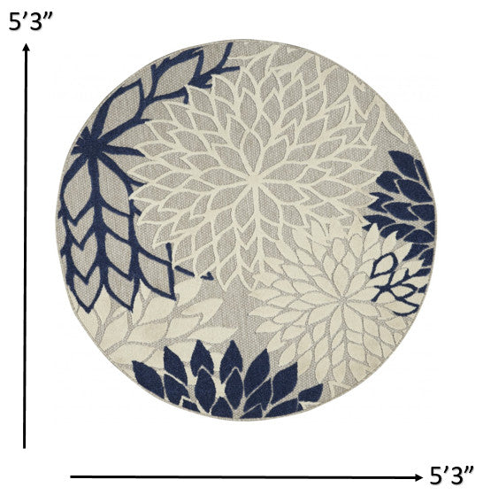 5' Round Ivory And Blue Round Floral Indoor Outdoor Area Rug