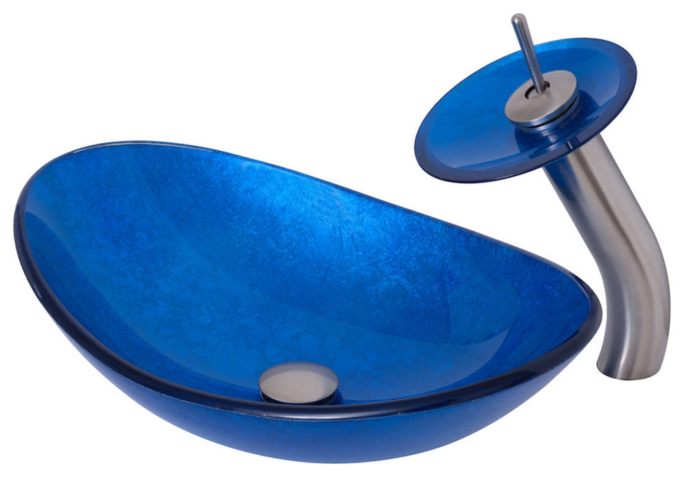 Azzurro Slipper Blue Foiled Glass Vessel Bathroom Sink Combo with Faucet Drain, Brushed Nickel