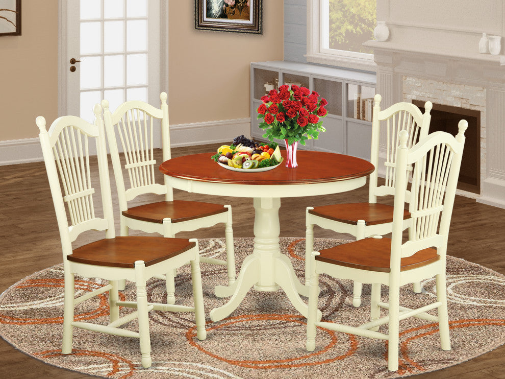 5 Pc Set, Round Small Table, 4 Leather Kitchen Chairs, Buttermilk, Cherry .
