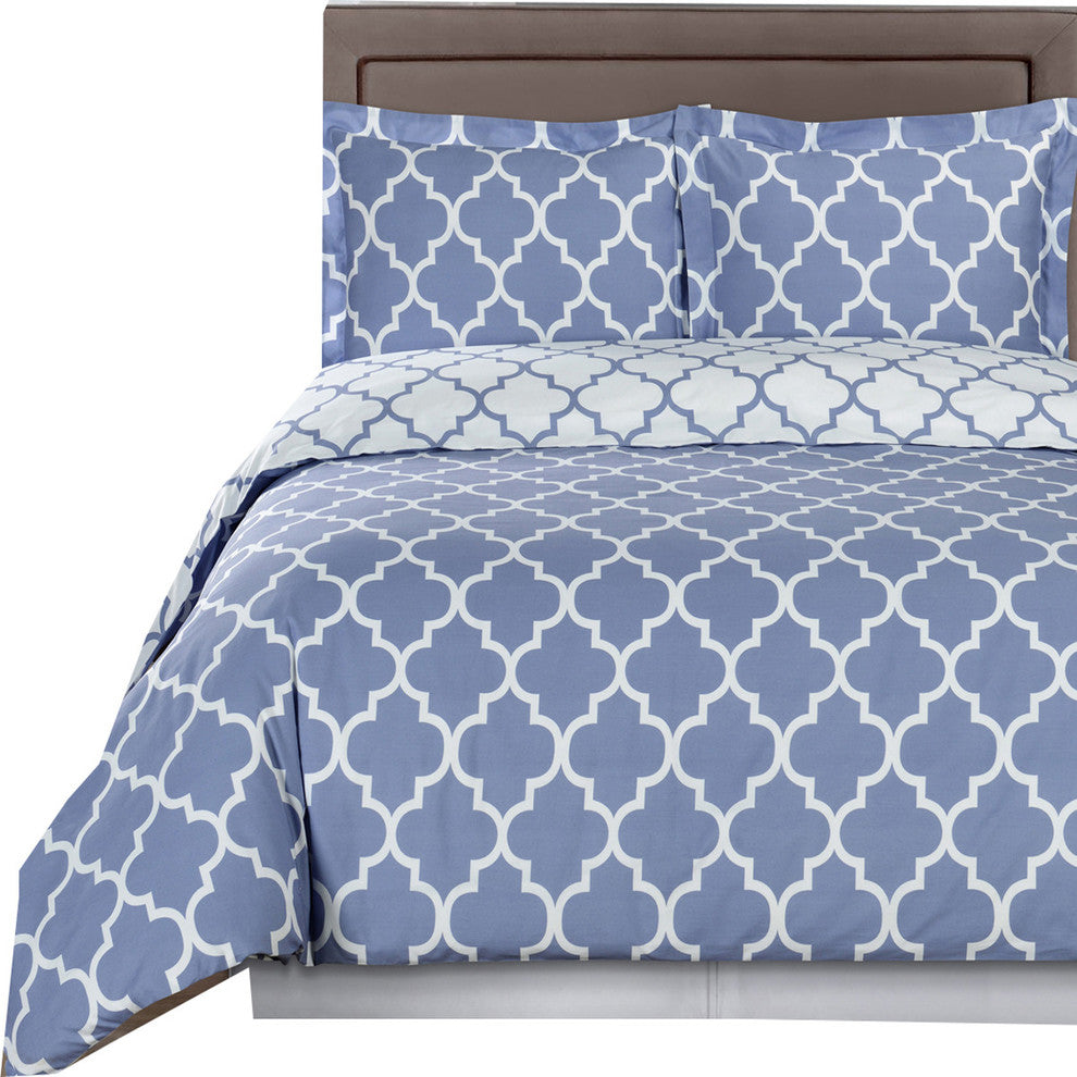 Meridian Cotton Printed Reversible Bed Set, Periwinkle and White, Full