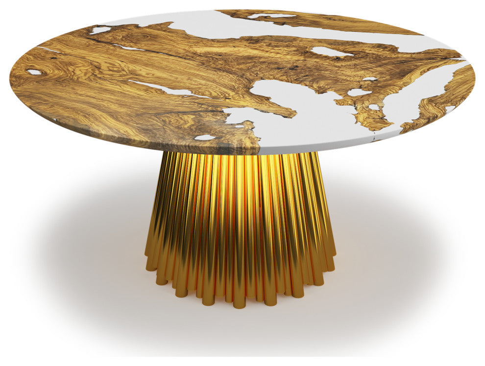 Grazia Olive Round Dining Table, Gold Base, 8 Seater