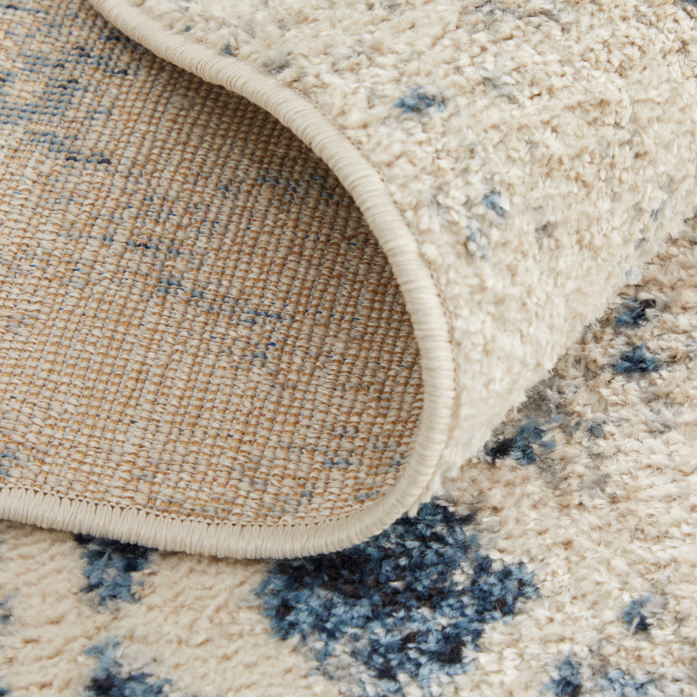 Wyllah Contrasting Distressed Area Rug, Ivory/Blue, 6'7"x9'6"