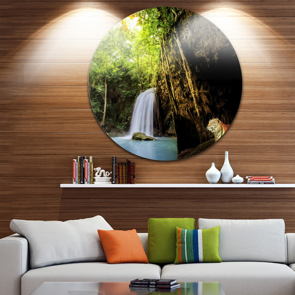 Tiger Watching Waterfall, Landscape Photography Disc Metal Artwork, 11"