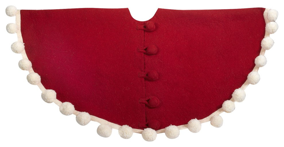 Handmade Christmas Tree Skirt in Felt, Pom Poms on Red, 63"