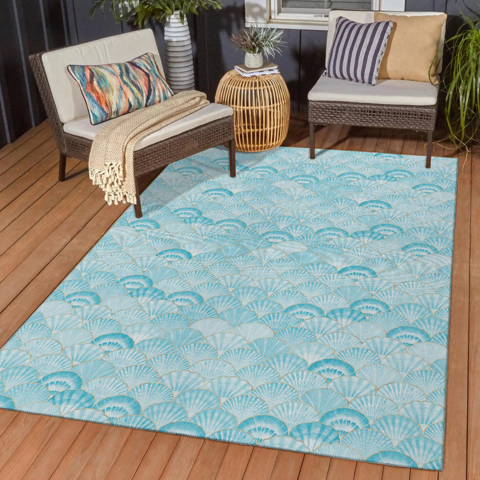 Indoor/Outdoor Seabreeze SZ2 Teal Machine Washable 3' x 5' Rug