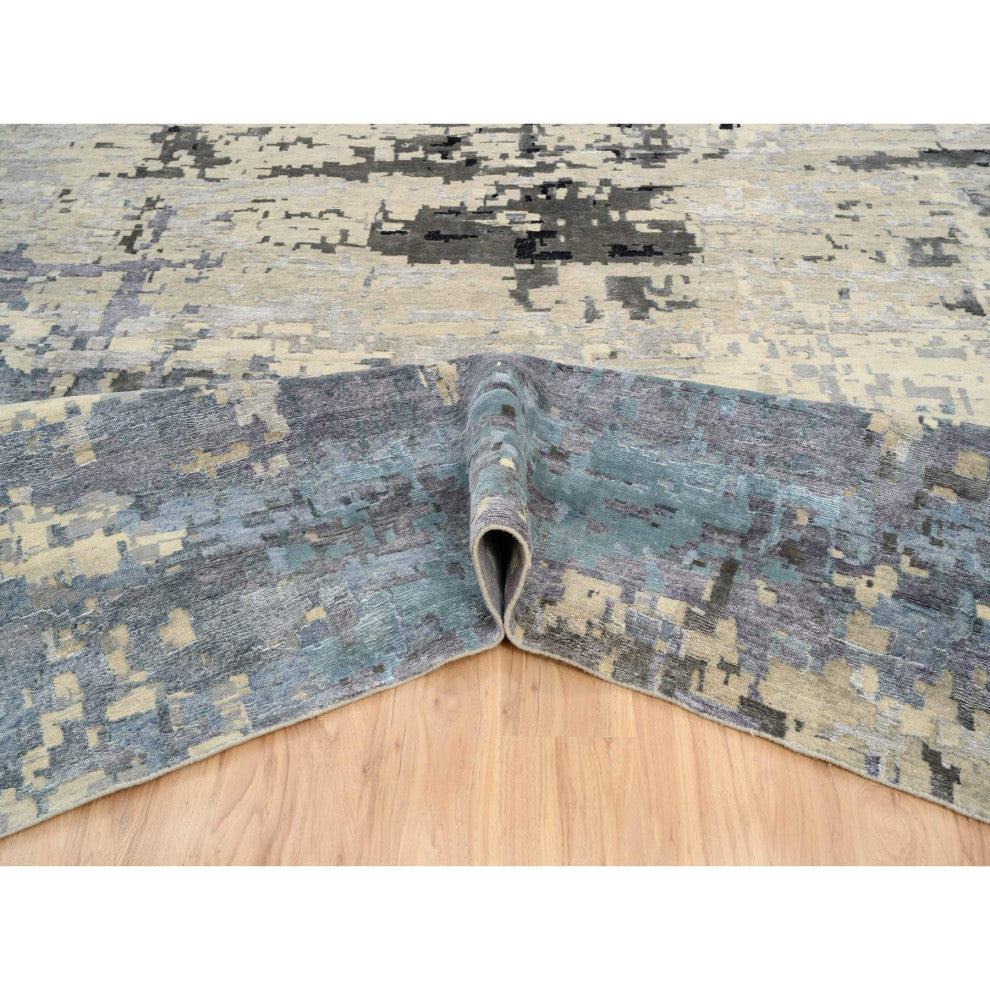 Gray Wool and Silk Hand Knotted Modern Abstract Design Oversized Rug 12'0"x17'9"