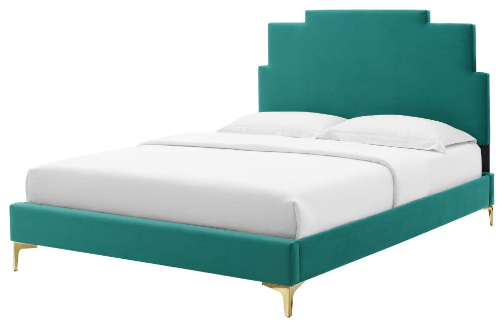 Platform Bed Frame, Queen Size, Velvet, Teal Blue, Modern Contemporary, Bedroom