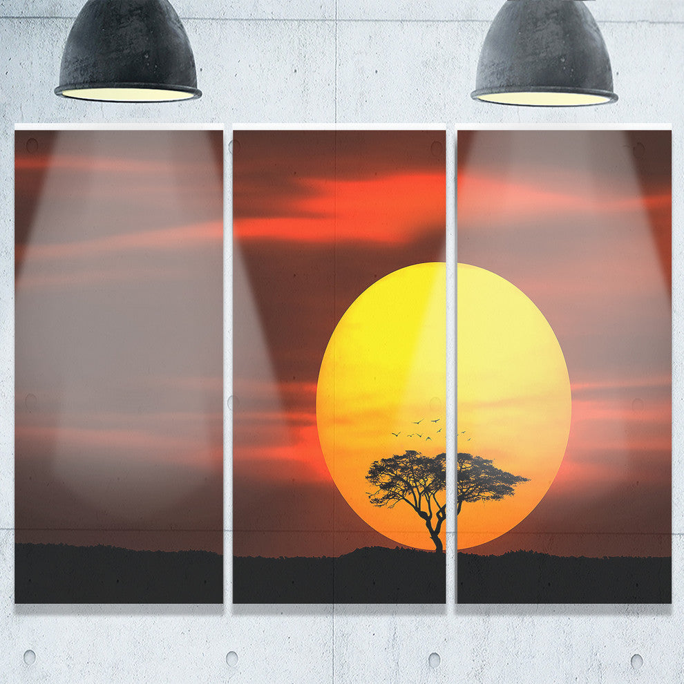 "Lonely Tree With Birds at Sunset" Metal Landscape, 3 Panels, 36"x28"