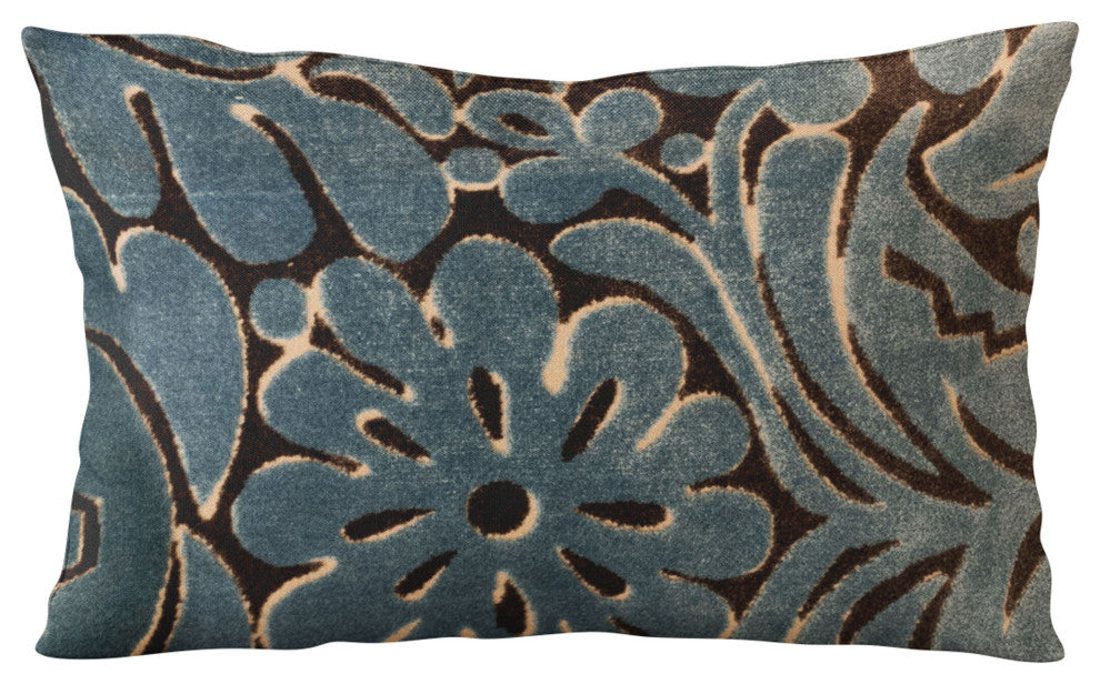 Plutus Blue Flower Velvet Paisley Luxury Throw Pillow, 24"x24"