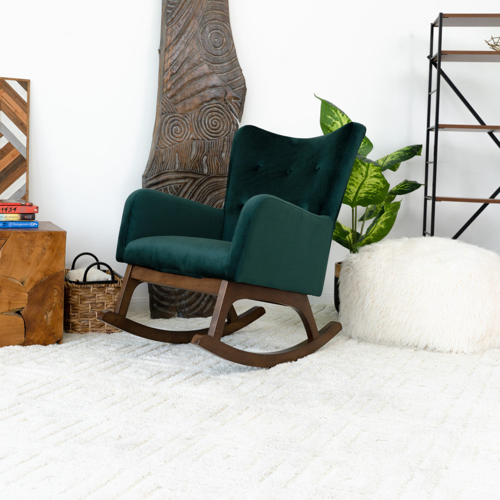Charlotte Mid-Century Tufted Back Velvet Upholstered Rocking Chair, Green
