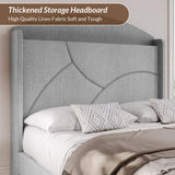 Upholstered Bed Frame W/Headboard Storage, LED Light & Outlets - Queen