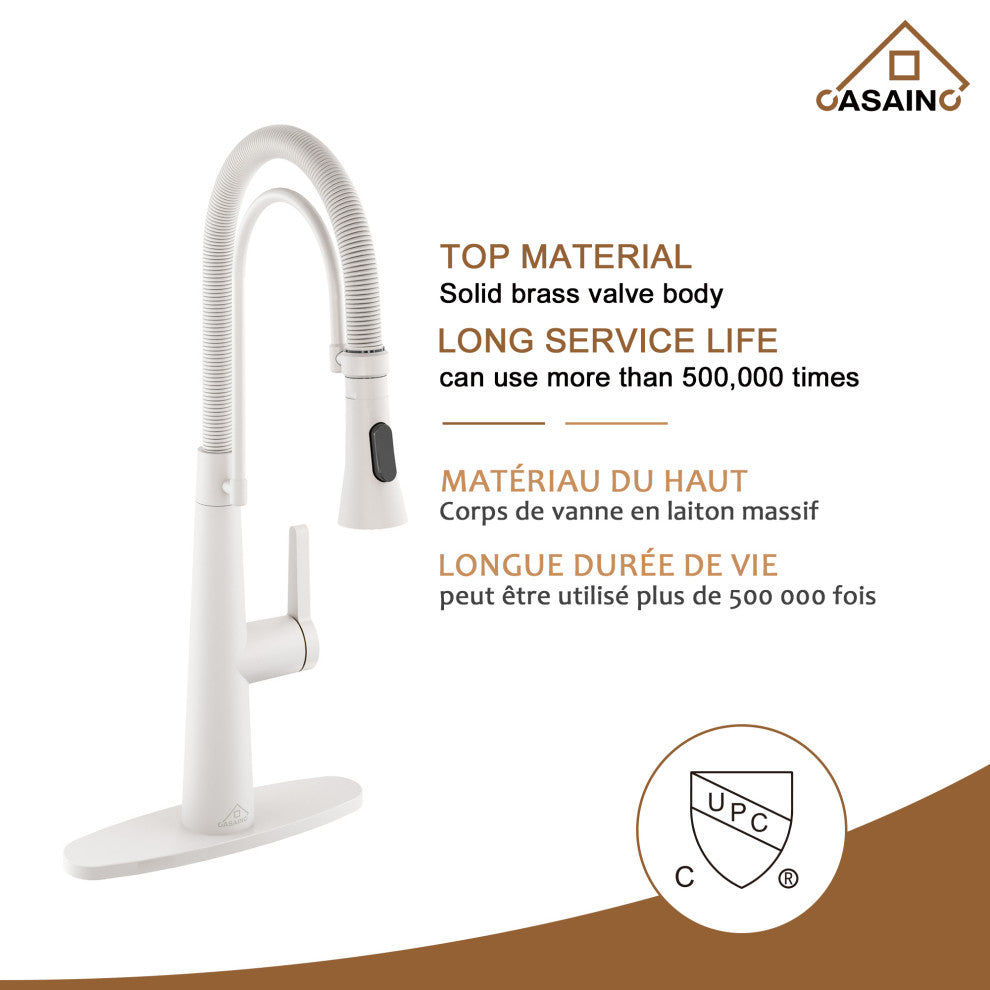 Single-Handle Spring Neck Standard Kitchen Faucet with Dual-Function, Matte White