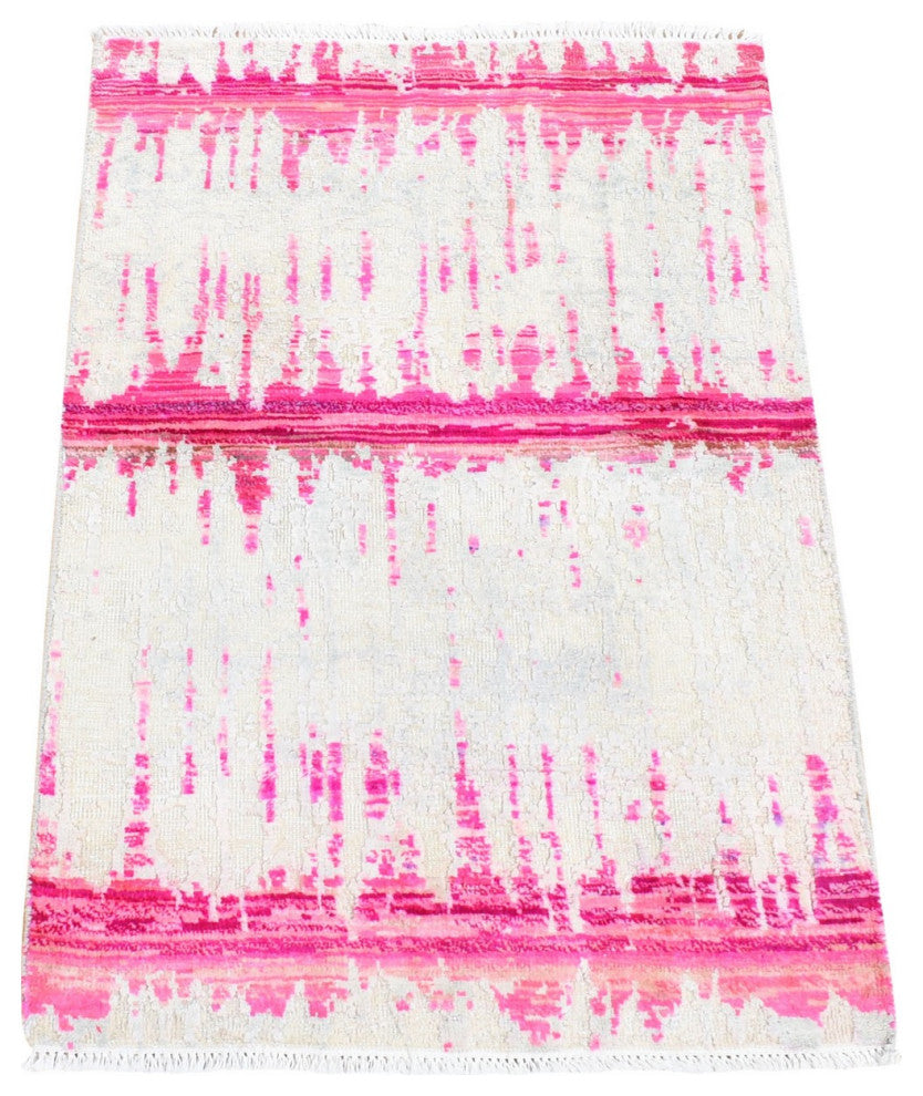 Ivory Cardiac Design Silk With Textured Wool Modern Hand Knotted Rug, 2'0"x3'2"