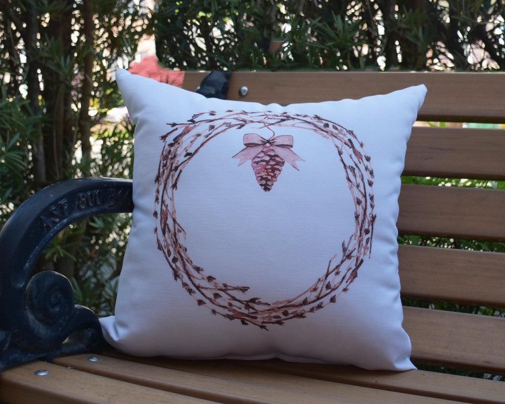 Natural Wreath Holiday Print Decorative Outdoor Throw Pillow, Off White , 16"