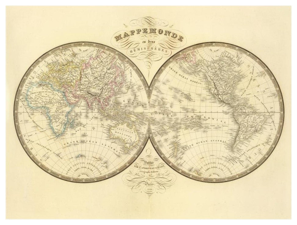 "Mappemonde, 1849" Digital Paper Print by J. Andriveau-Goujon, 32"x24"