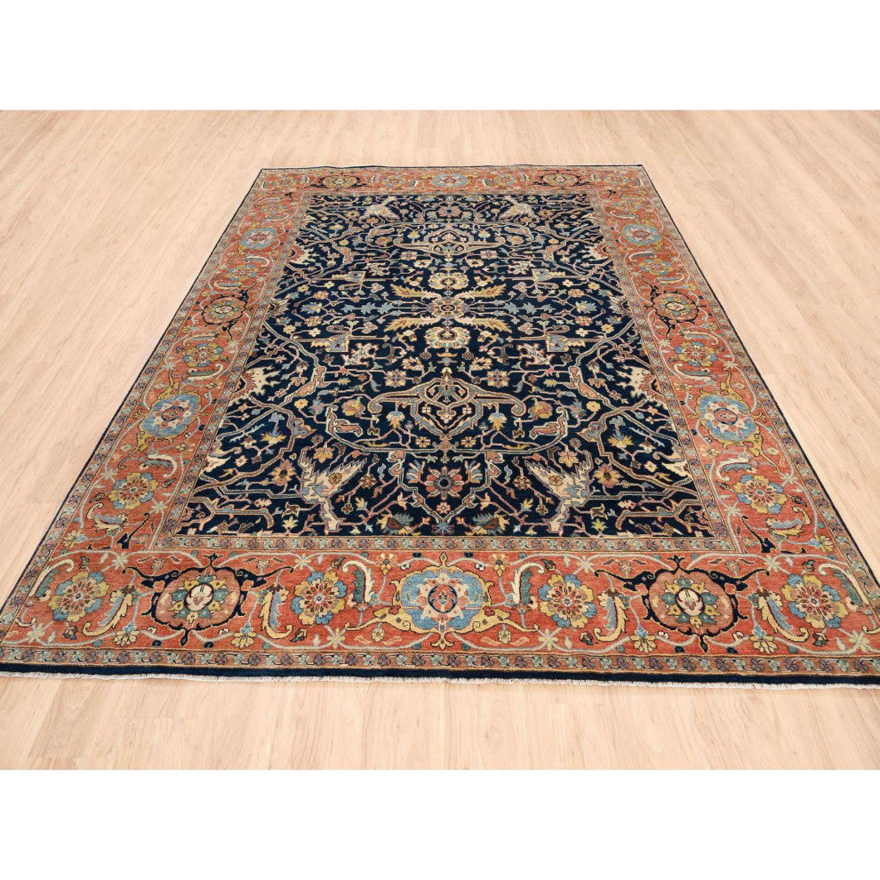Midnight Blue Antiqued Heriz Soft Wool Hand Knotted Oriental Rug, 8'1"x10'1"
