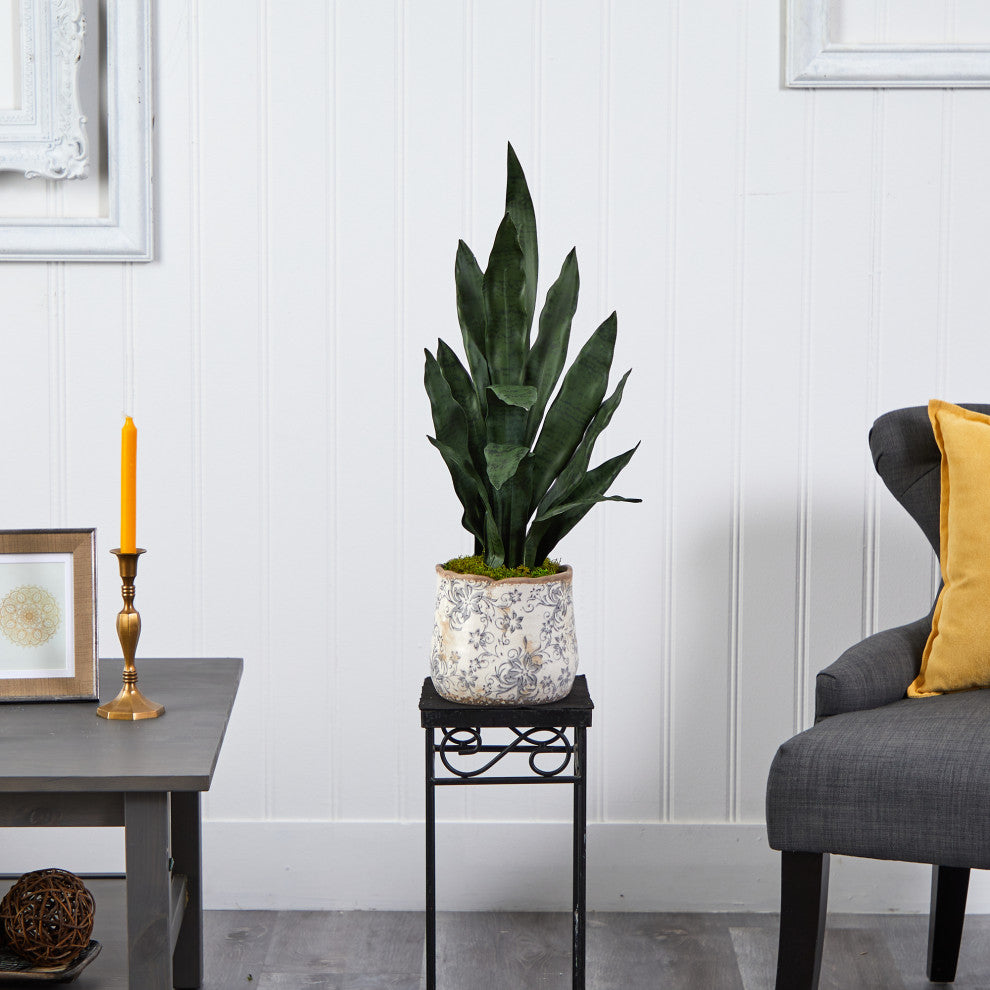 27" Sansevieria Artificial Plant, Decorative Planter