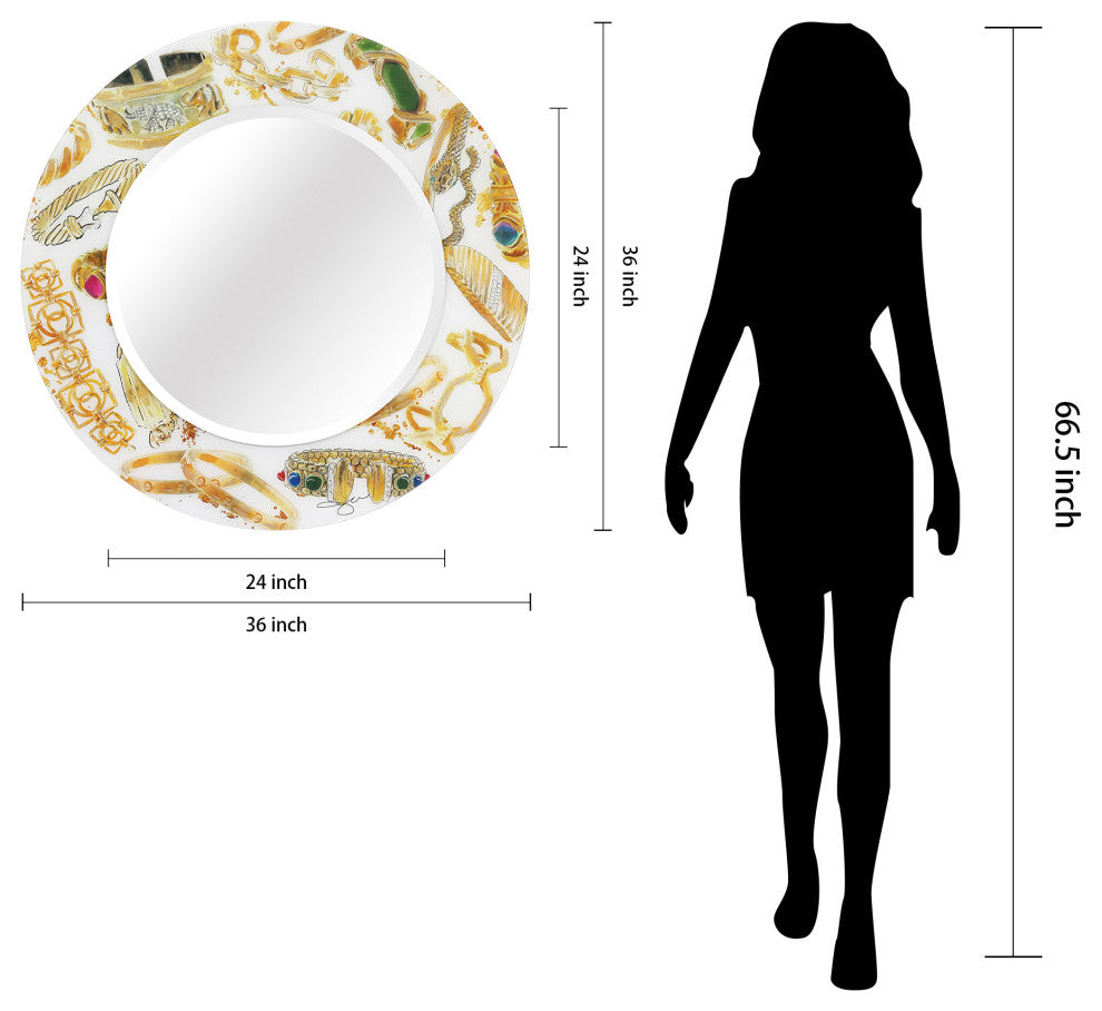"Gold Charm" Round Beveled Wall Mirror on Floating Printed Tempered Art Glass
