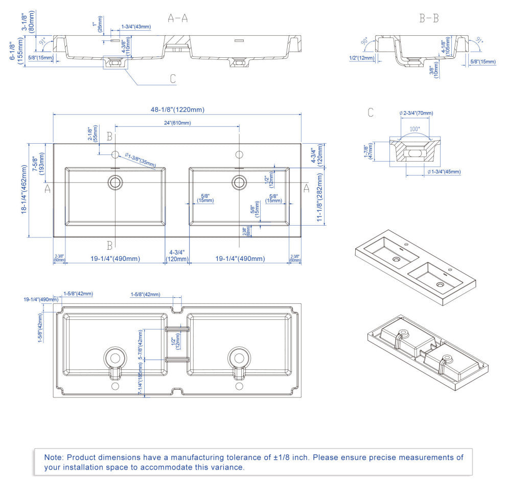 Dowell 18" FTB Resin Bathroom Vanity Basin, White, 48wx18dx6h Double