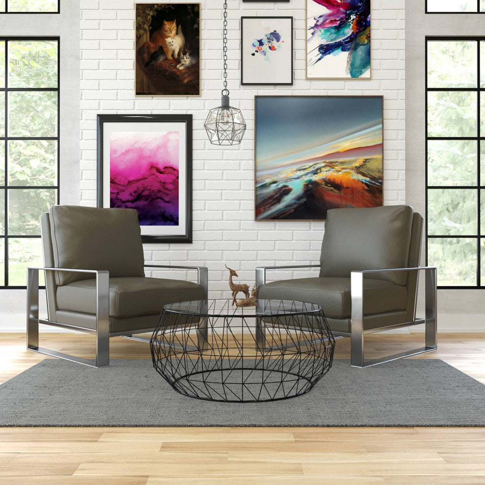 LeisureMod Jefferson 3-Piece Set With Coffee Table and 2 Arm Chairs, Gray