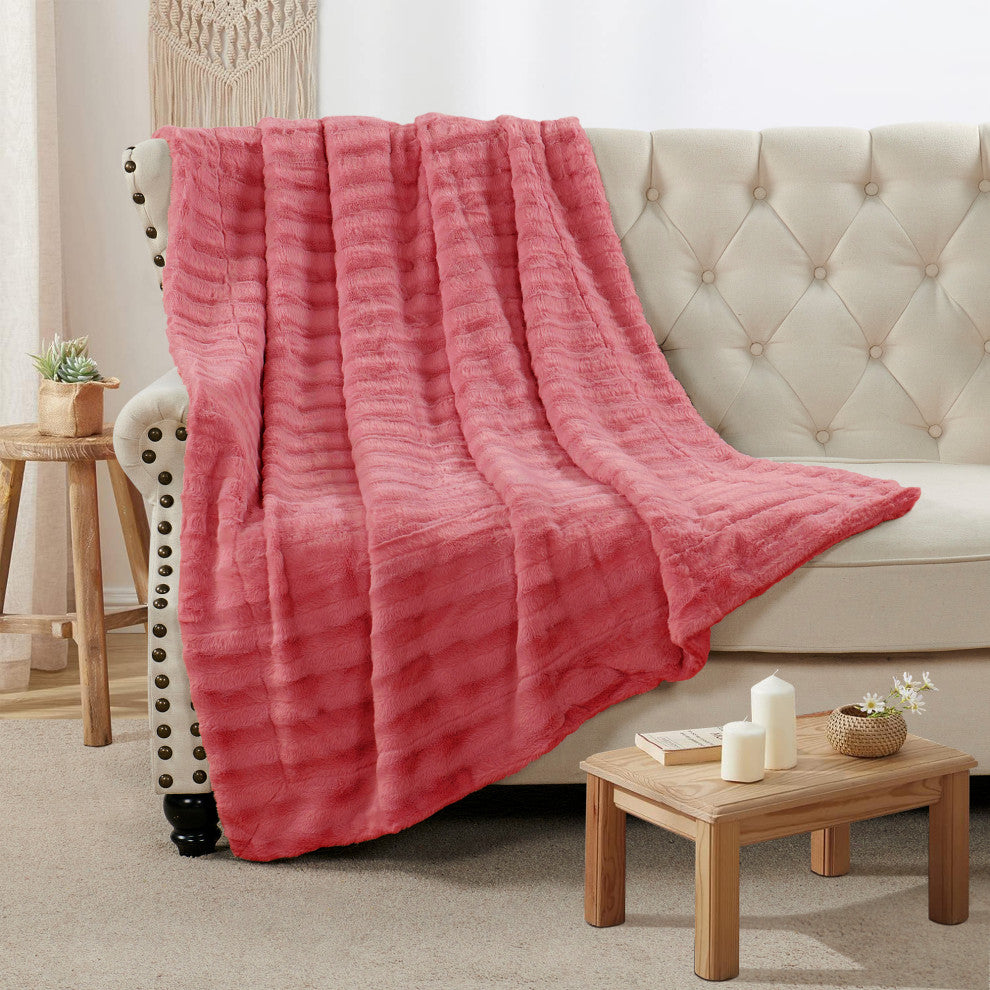 Derby Double Sided Faux Fur Throw Blanket, Spice Coral