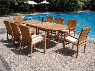 9-Piece Outdoor Teak Dining Set, 117" Oval Table, 8 Wave Stacking Arm Chairs
