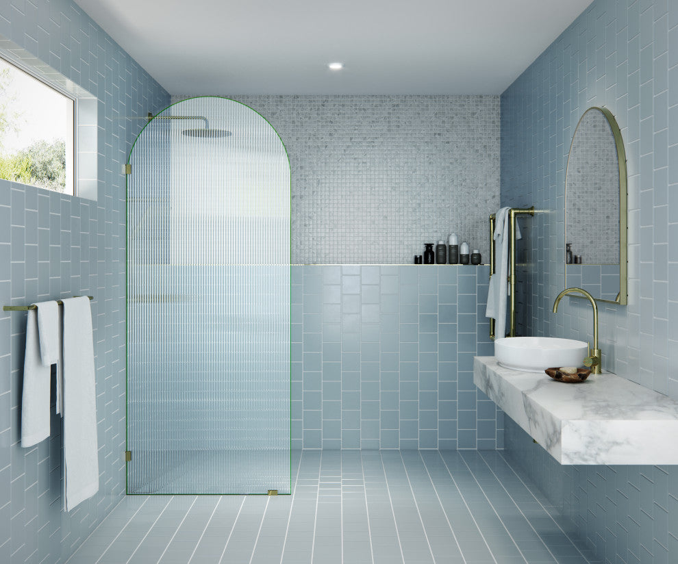 34"x86.75" Frameless Shower Door, Arched Fluted Single Fixed Panel, Polished Brass