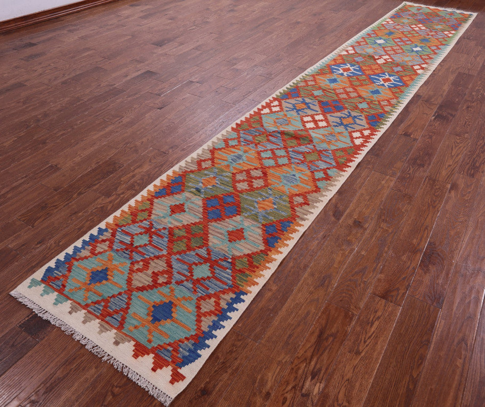 2' 8" X 16' 0" Runner Kilim Flat Weave Reversible Wool Rug - Q12558