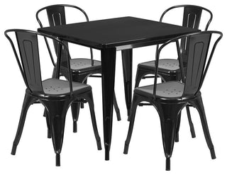 31.5" Square Black Metal Indoor-Outdoor 5-Piece Table Set With 4 Stack Chairs