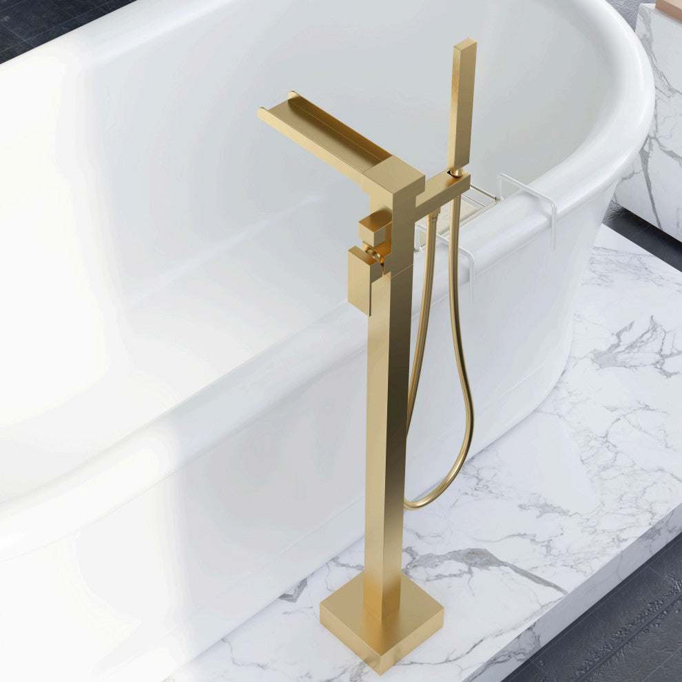 Modern Waterfall Freestanding Bathroom Bathtub Faucet Floor Mount Tub Filler, Brushed Gold