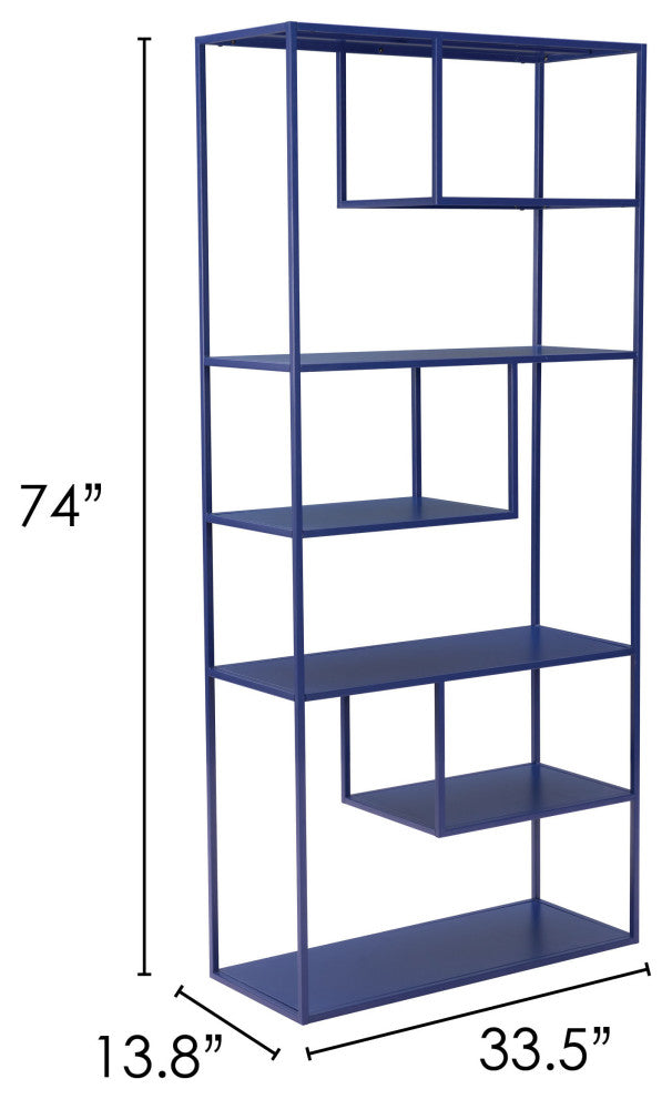 Bookcase Wall Shelf Rack, Steel Metal, Blue, Lounge Cafe Lobby Hospitality