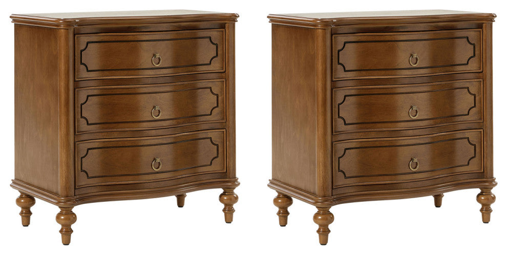 3-Drawer Nightstand With Solid Wood Legs & Built-In Outlets, Set of 2, Seadrift