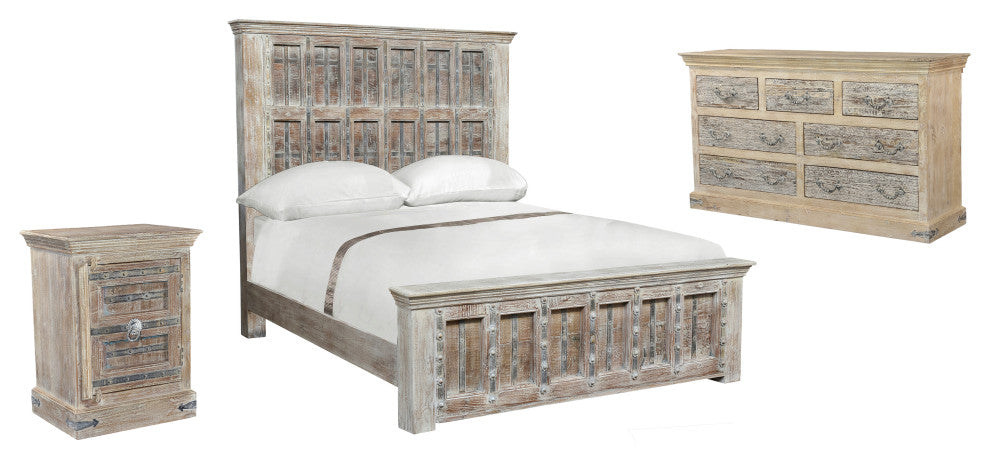 Solid Wood Panel Bed, White, King