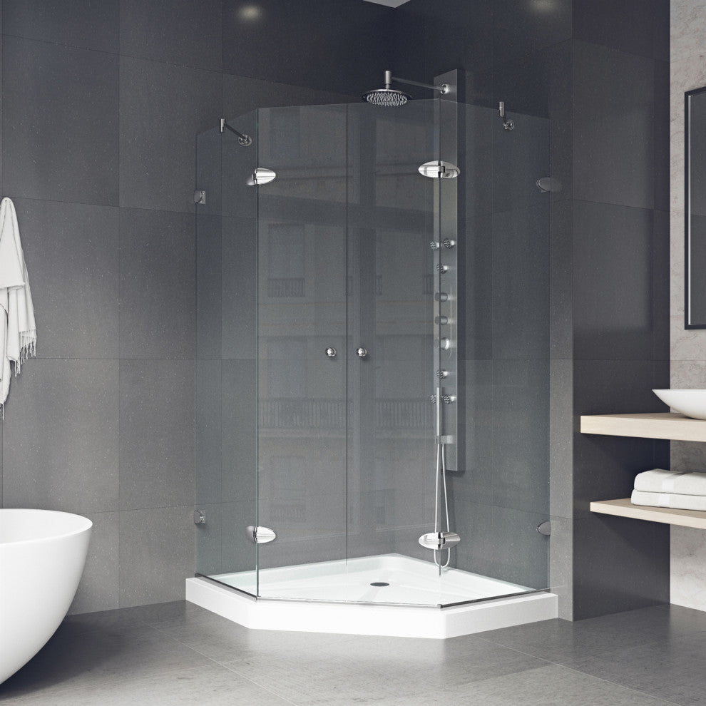 VIGO Gemini Frameless Hinged Neo-Angle Shower Enclosure, Chrome, 42" D X 42" W, Low Base
