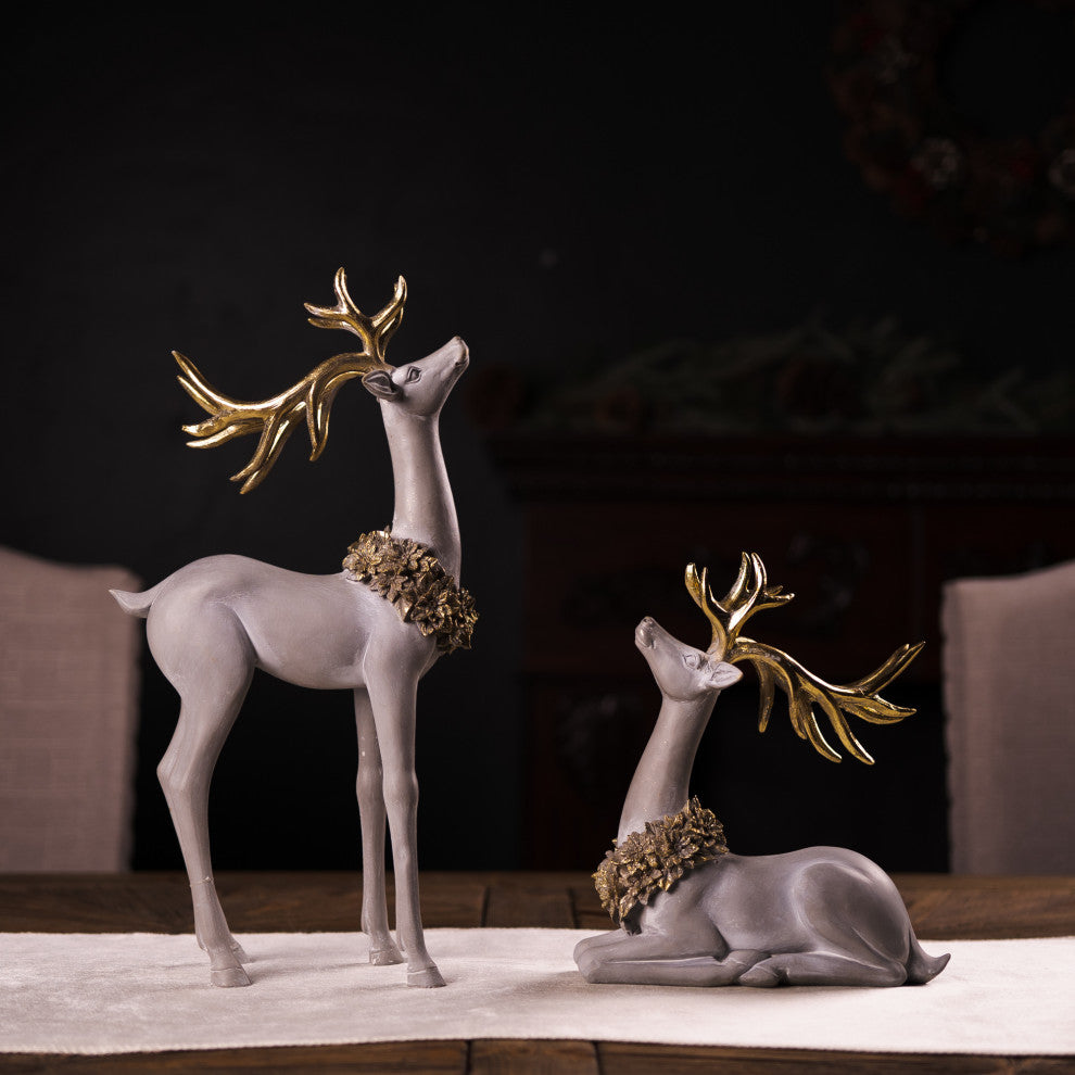 Winter Deer Figurine With Wreath, 2-Piece Set