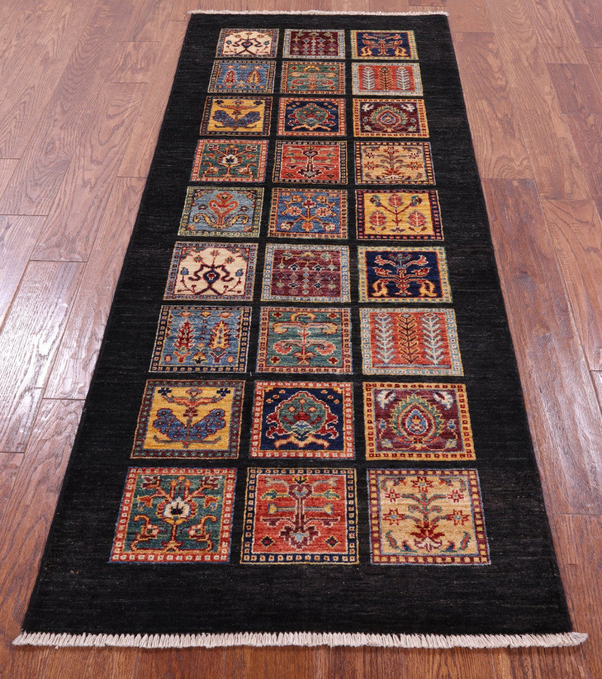 2' 7" X 6' 7" Hand Knotted Persian Garden Design Black Runner Rug Q10686