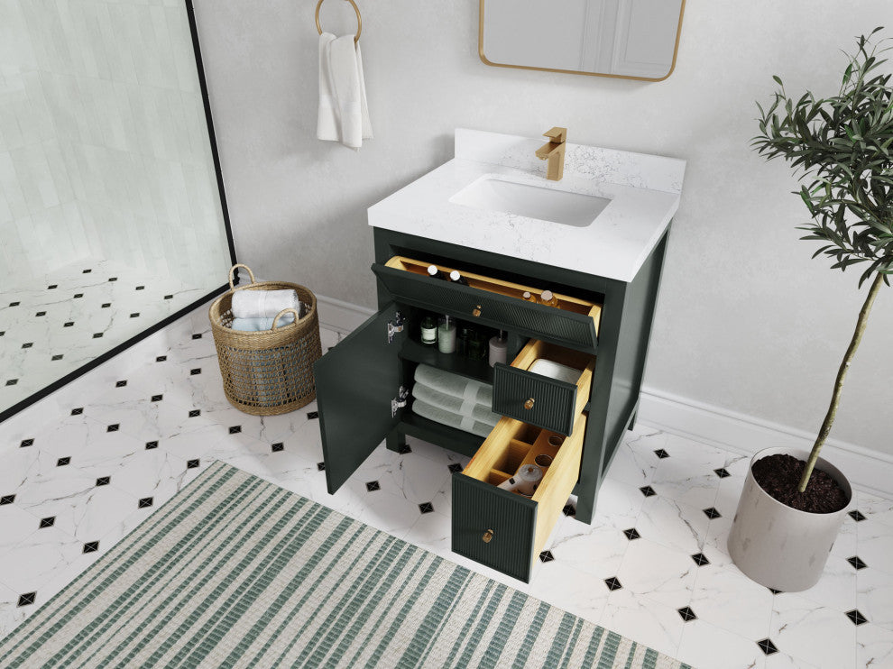 Sonoma 30 Single Sink Reeded Bath Vanity in Dark Forest Green 1.5" White Quartz