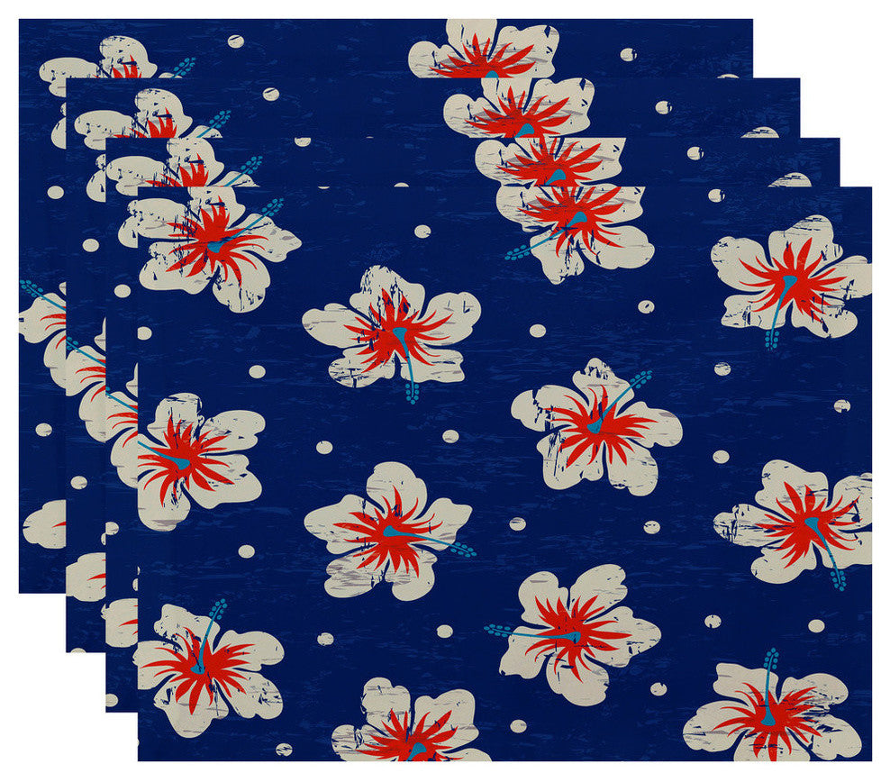 18"x14" Hibiscus Blooms, Floral Print Pacemat, Blue, Set of 4