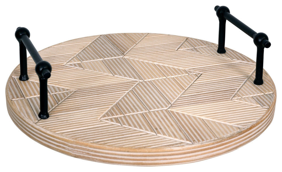 Modern Rustic Carved Chevron Round Tray With Handles