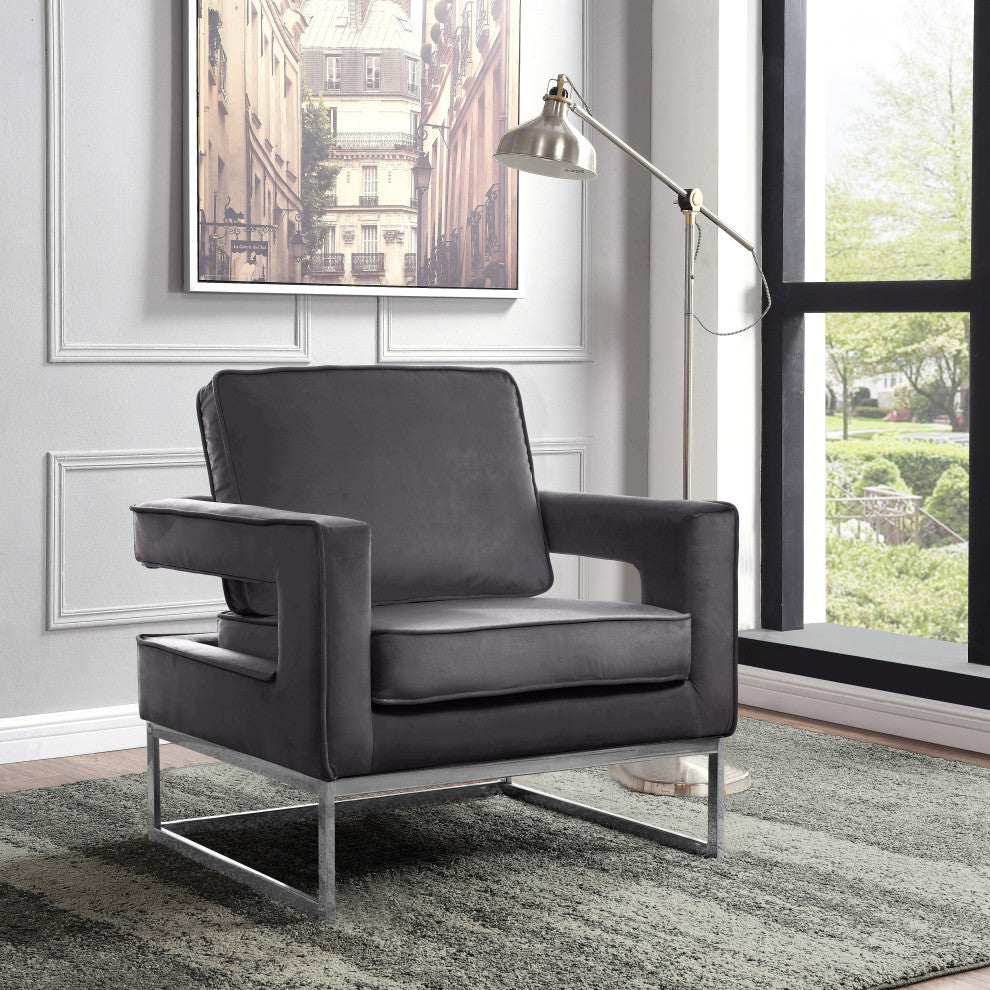 Noah Velvet Upholstered Accent Chair, Gray, Chrome Base