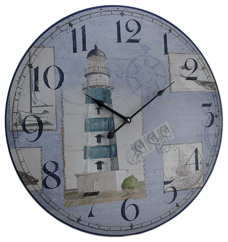 Blue and White Nautical Lighthouse Round Wooden Wall Clock