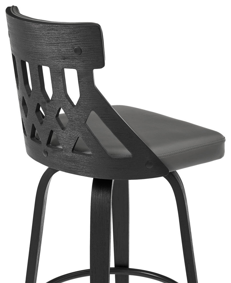 26" Gray Faux Leather Curved Back Walnut Wood Swivel Bar Stool