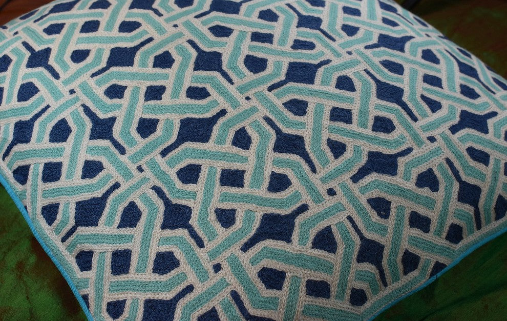 Mosaic Celtic Knot Turquoise Decorative Pillow Cover Handembroidered Wool 20x20"