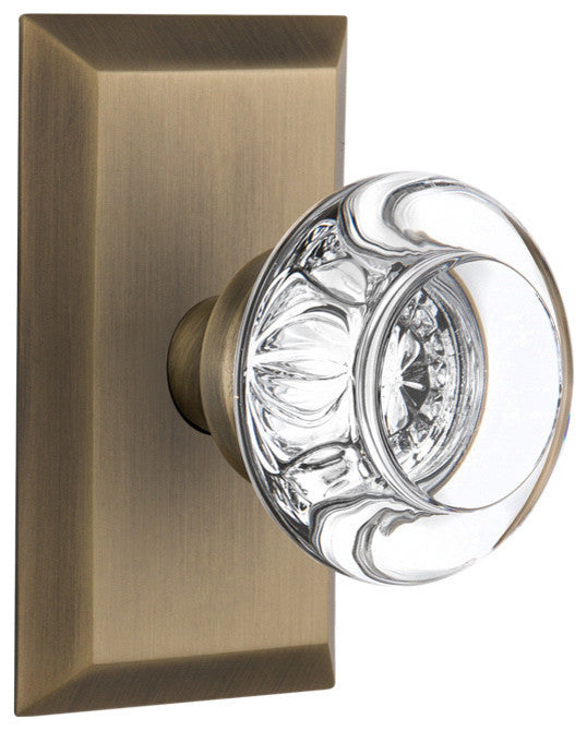 Studio Plate Passage Round Clear Crystal Glass Door Knob, Antique Brass