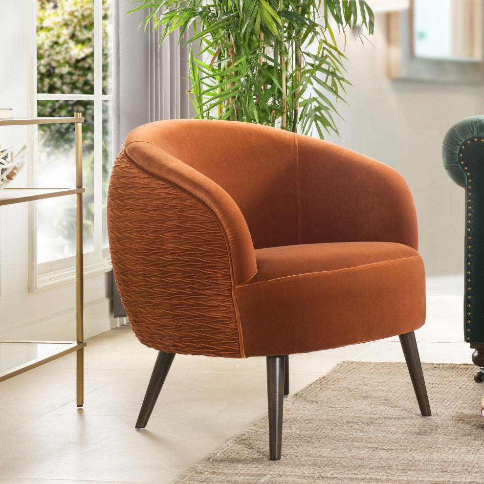 London Ruched Barrel Accent Chair, Burnt Orange Velvet