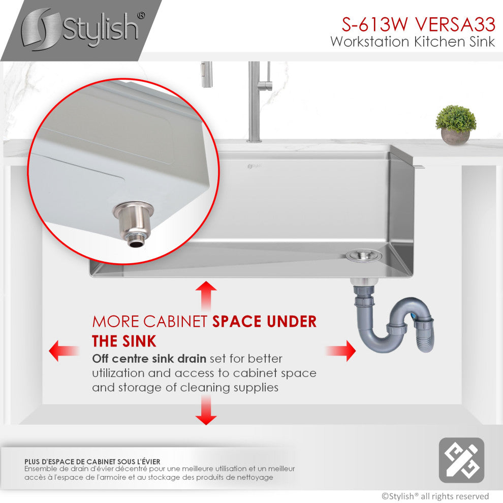 STYLISH Undermount 33" Stainless Steel Single-Bowl Workstation Kitchen Sink