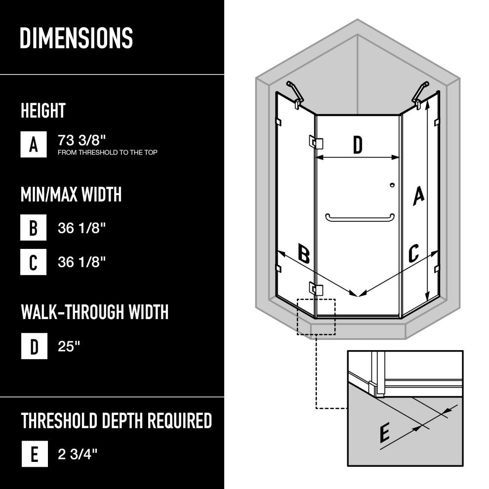 VIGO Piedmont Frameless Hinged Neo-Angle Shower Enclosure, Chrome, 38" D X 38" W, Without Base