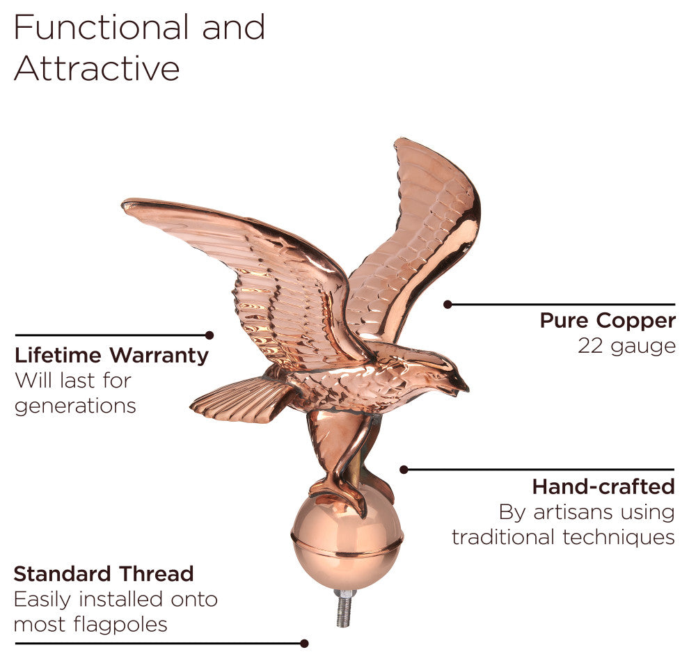 Pure Copper Eagle With Ball Flagpole Topper, 16" Wingspan, by Good Directions
